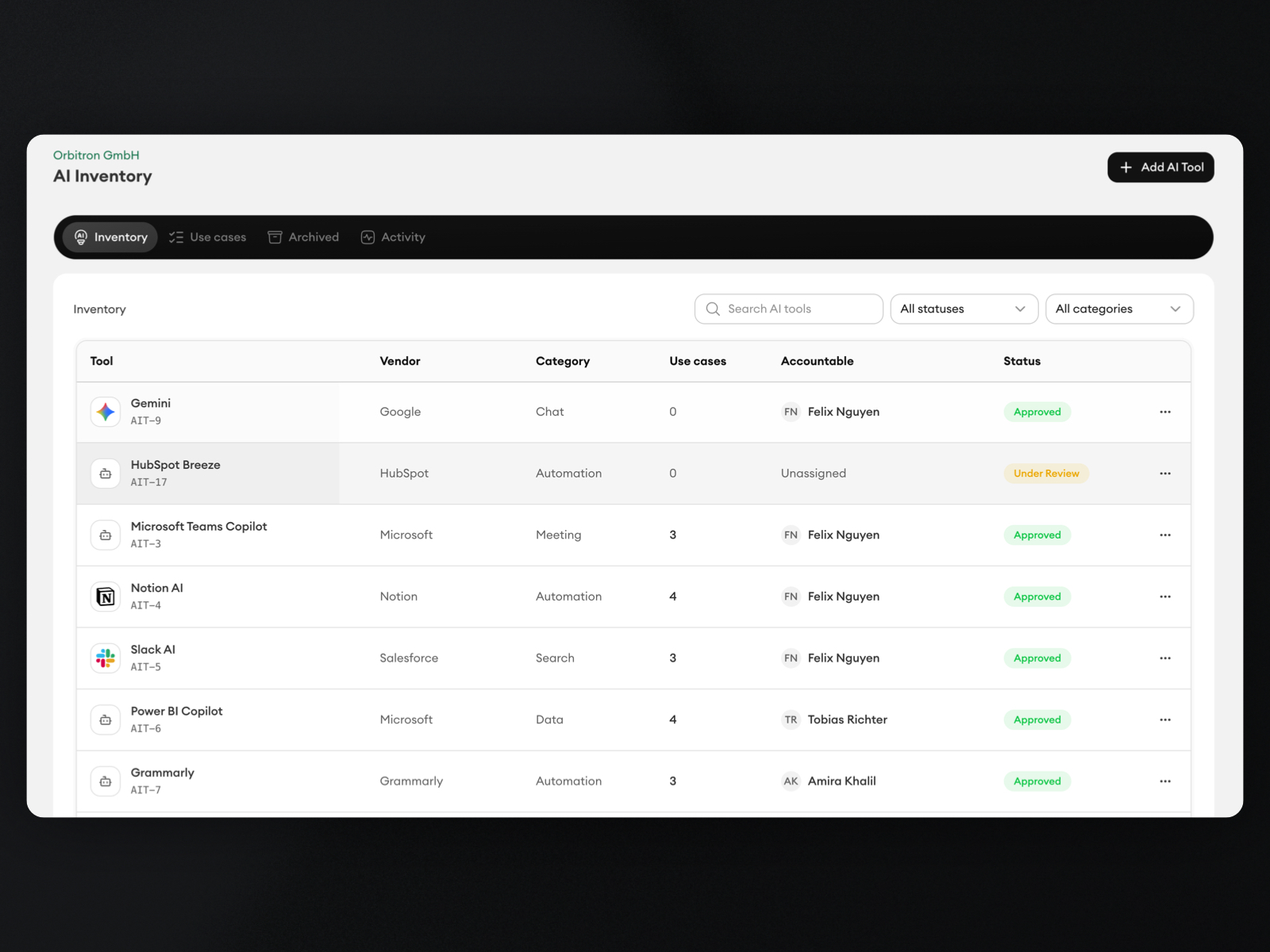 Know which AI your company uses, for what, and who owns it. screenshot
