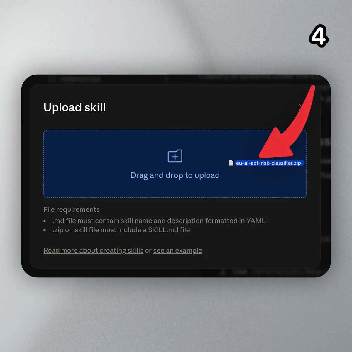 Claude Upload skill dialog with a zip file being dropped